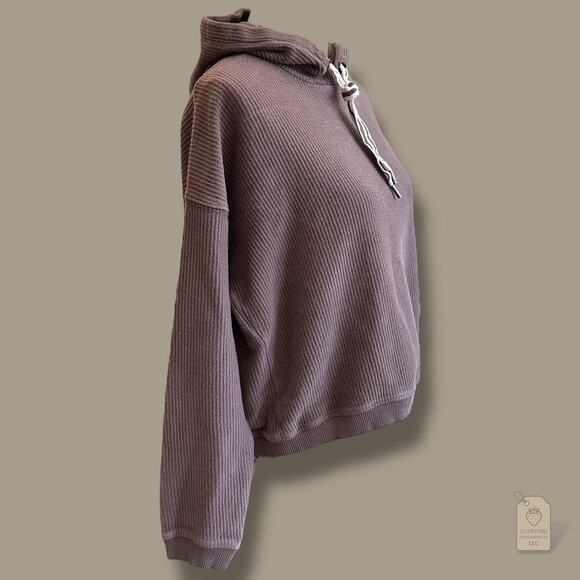 Aerie 100% Cotton Ribbed Knit Hoodie Brown Taupe S Cozy Fall Neutral - Picture 3 of 8